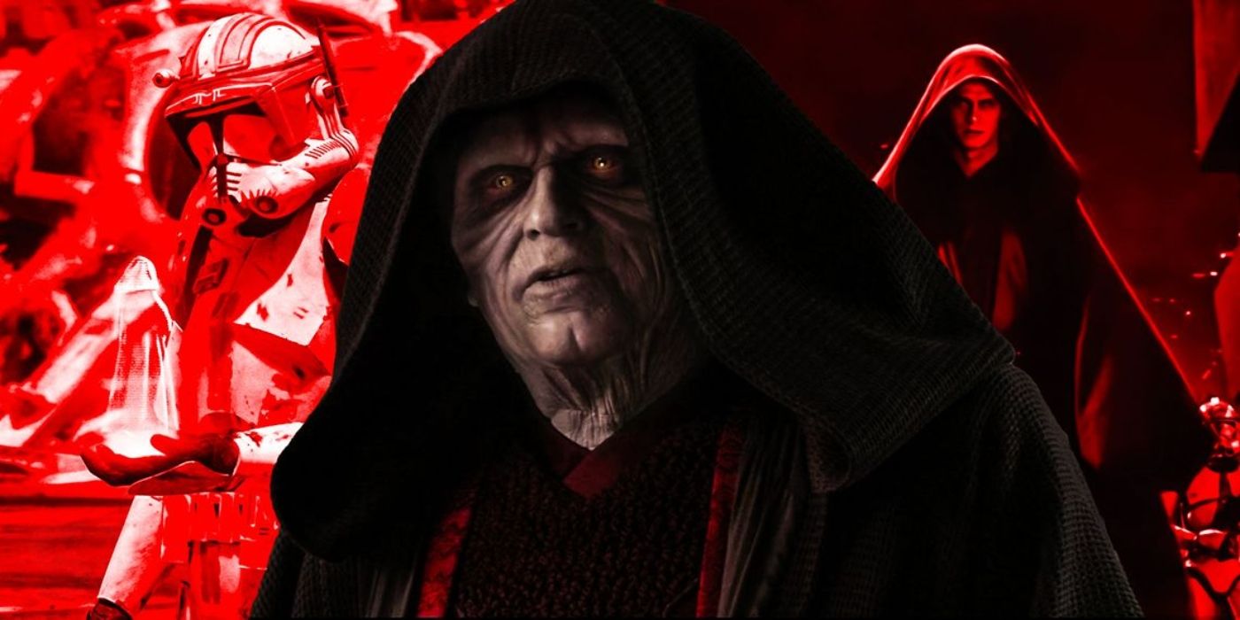 Imperator Palpatine z żołnierzem-klonem i Anakinem Skywalkerem za nim.