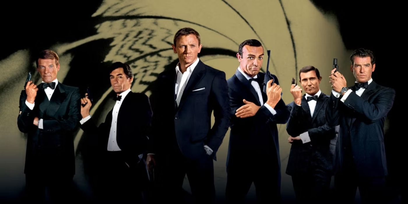 Aktorzy, którzy wcielili się w Jamesa Bonda, w tym Daniel Craig, Pierce Brosnan, Roger Moore i Sean Connery