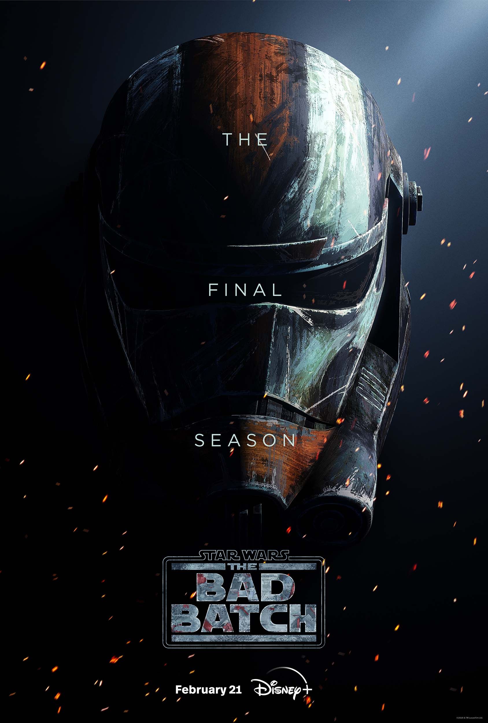 Plakat z sezonu 3 „Star Wars: The Bad Batch” przedstawiający pomalowany hełm klona uszkodzony w bitwie