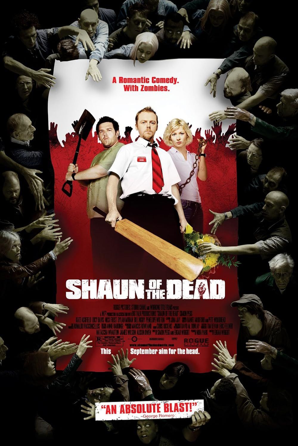 Kate Ashfield, Nick Frost i Simon Pegg pozują z bronią na plakacie Shaun of the Dead