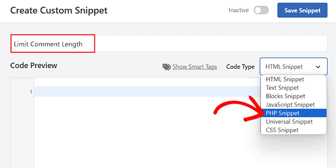 Wybierz opcję Fragment kodu PHP, aby ustawić limit długości komentarza