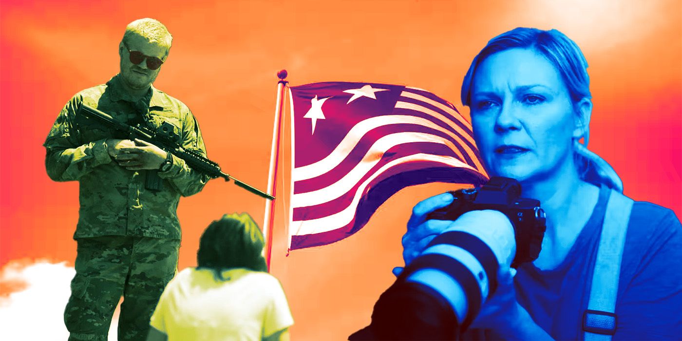 Jesse Plemons trzymający karabin i flagę odłączonych stanów oraz Kirsten Dunst trzymająca kamerę w Wojnie secesyjnej Alexa Garlanda