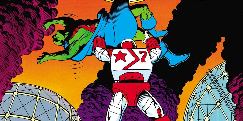 Rocket Red 7 zdradza JLI, atakując Martian Manhunter w DC Comics.