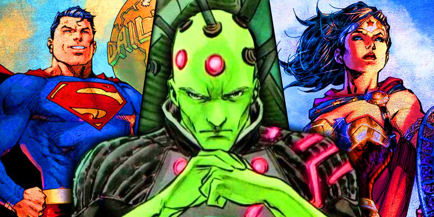 Podział obrazu Supermana, Brainiaca i Wonder Woman z DC Comics