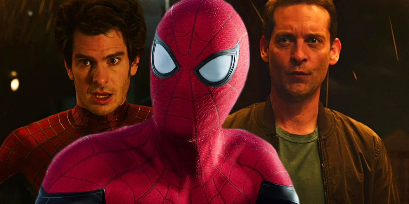 Niestandardowy obraz Toma Hollanda, Tobeya Maguire’a i Andrew Garfielda jako Spider-Mana w filmie Spider-Man No Way Home