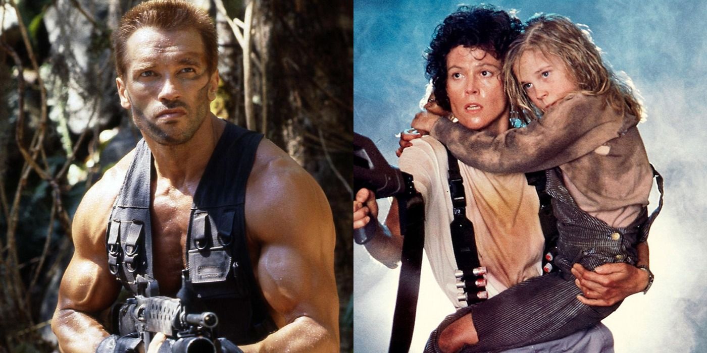 Podzielone zdjęcie Holendra w Predatorze i Ripleya trzymającego Newta w Aliens