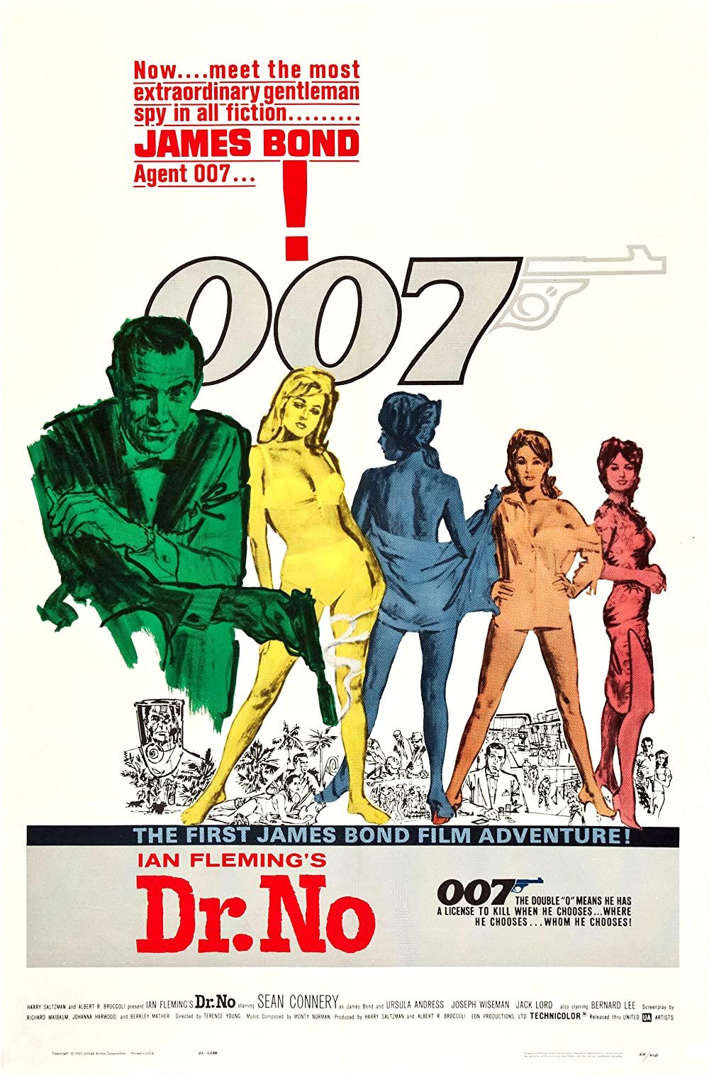 James Bond (Sean Connery) zilustrowany obok Bond Girls na plakacie 007 Dr. No