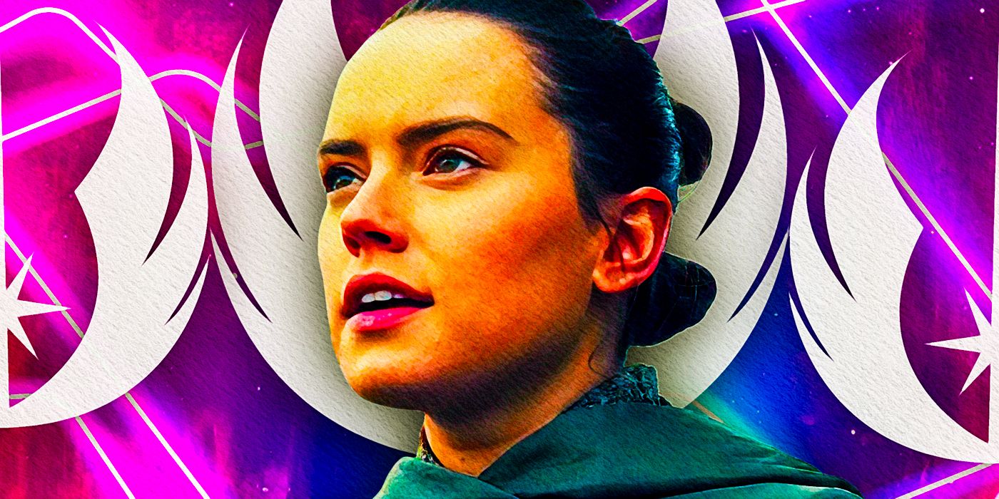 Daisy Ridley z Gwiezdnych Wojen jako Rey z logo Zakonu Jedi