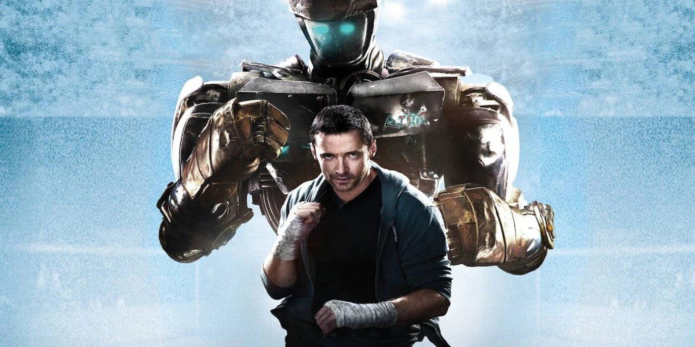 Hugh Jackman w pozie bokserskiej z robotem od Real Steel