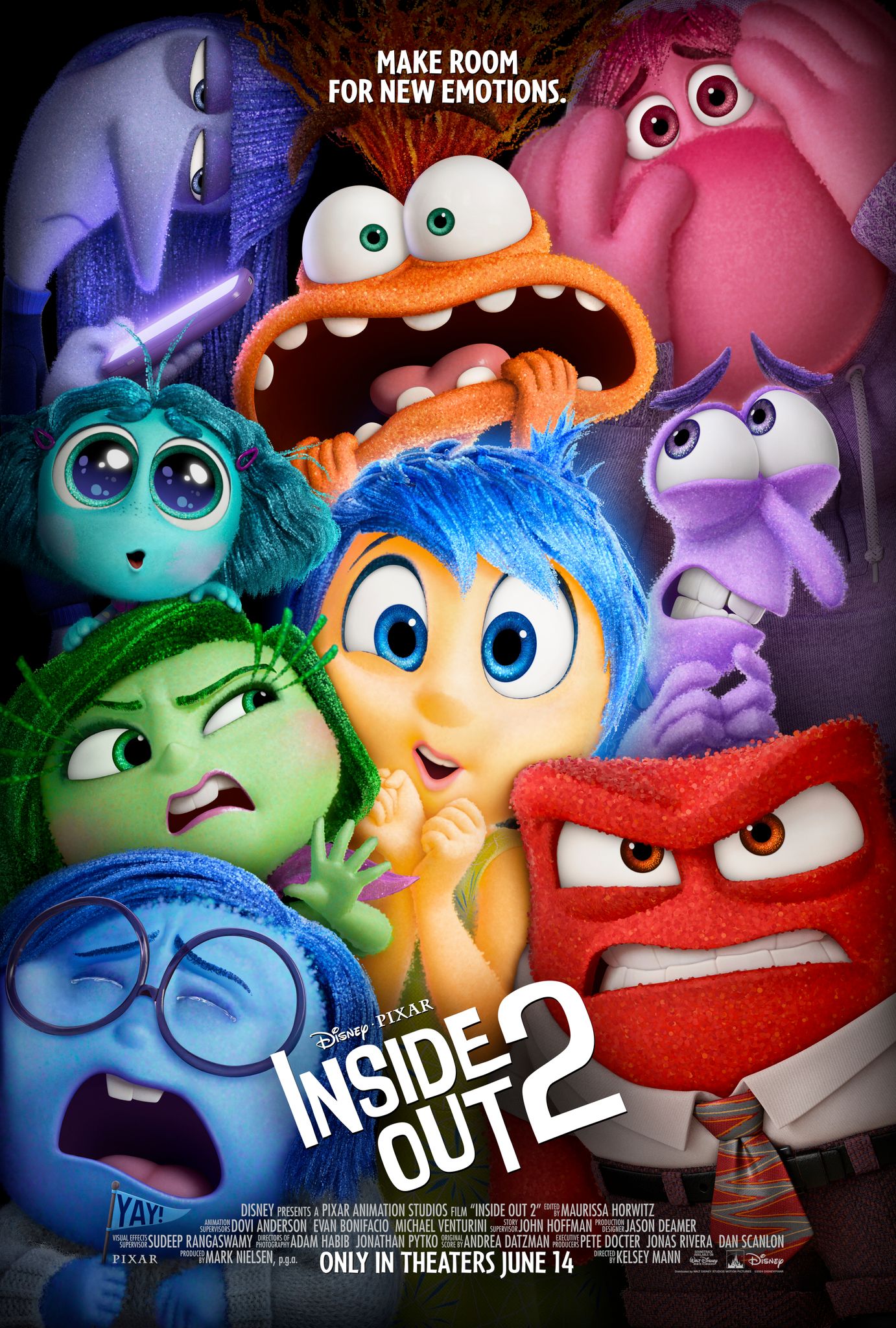 Plakat Inside Out 2 przedstawiający radość i inne emocje złączone razem