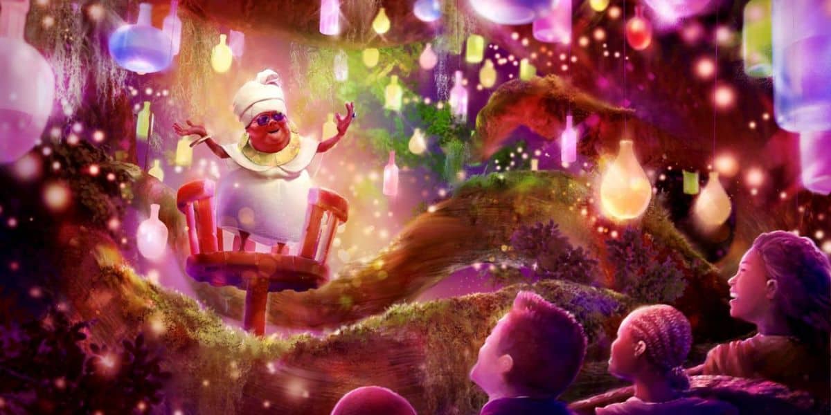 Żywa, kolorowa ilustracja przedstawiająca dzieci z zachwytem obserwujące radosną, animowaną postać pianki marshmallow występującą na scenie, otoczoną świecącymi światłami i magicznym "Przygoda Tiany na Bayou" atmosfera.