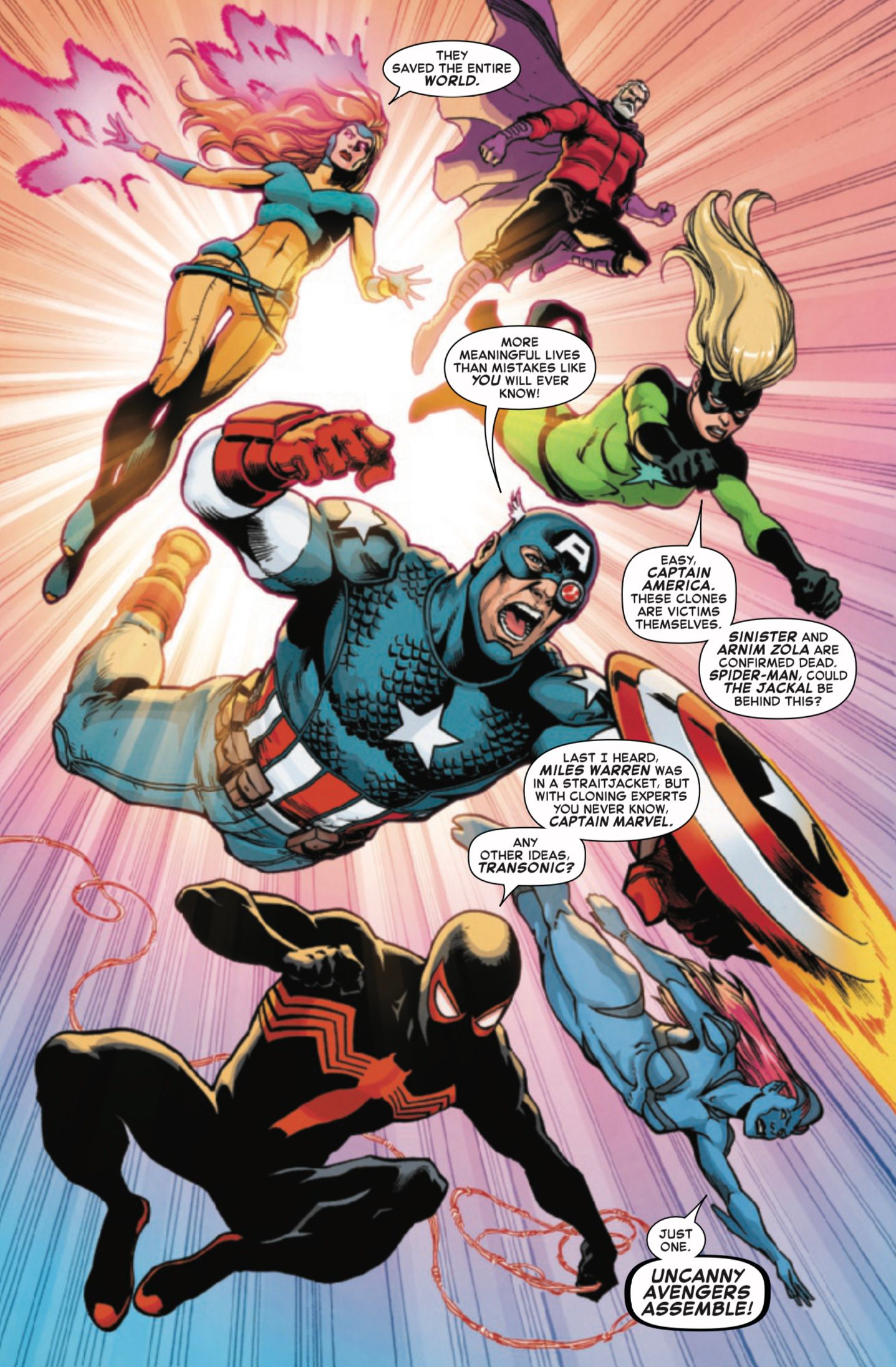 Uncanny Avengers, w tym Jean Grey, Magneto, Kapitan Ameryka, Spider-Man, Kapitan Marvel i Transonic