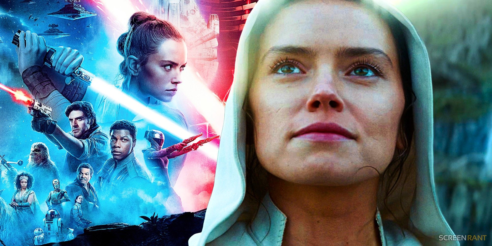 Plakat „Rise of Skywalker” po lewej stronie, a Rey uśmiecha się i patrzy w górę po prawej