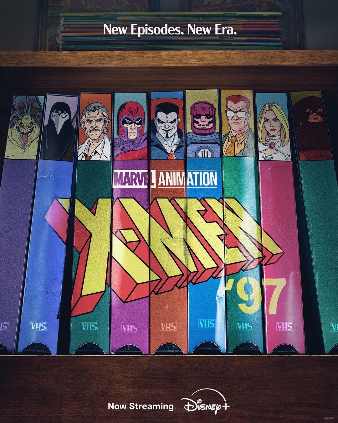 Nowy plakat z okazji Dnia Złoczyńców X-Men '97 przedstawiający złoczyńców z serialu na odwrocie kaset VHS