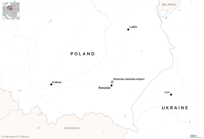 Mapa przedstawiająca Rzeszów, lotnisko Rzeszów-Jasionka, Lublin i Kraków w Polsce oraz Lwów na Ukrainie