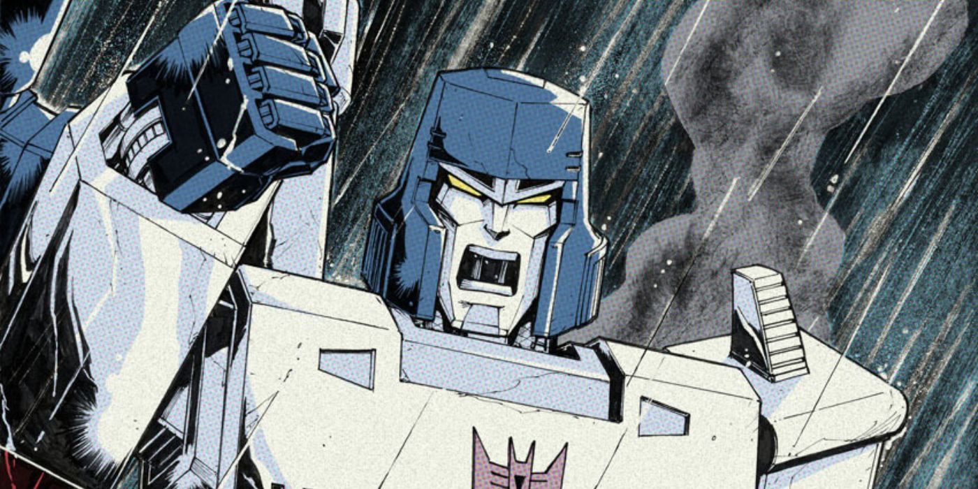 Megatron gwałtownie podnoszący pięść w komiksach Transformers.
