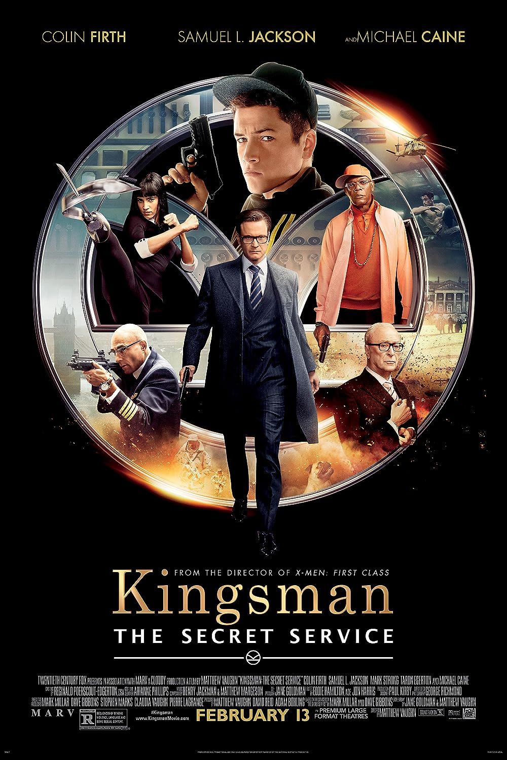 Colin Firth, Samuel L. Jackson, Michael Caine, Mark Strong, Sofia Boutella i Taron Egerton w Kingsman - Tajne służby (2014)