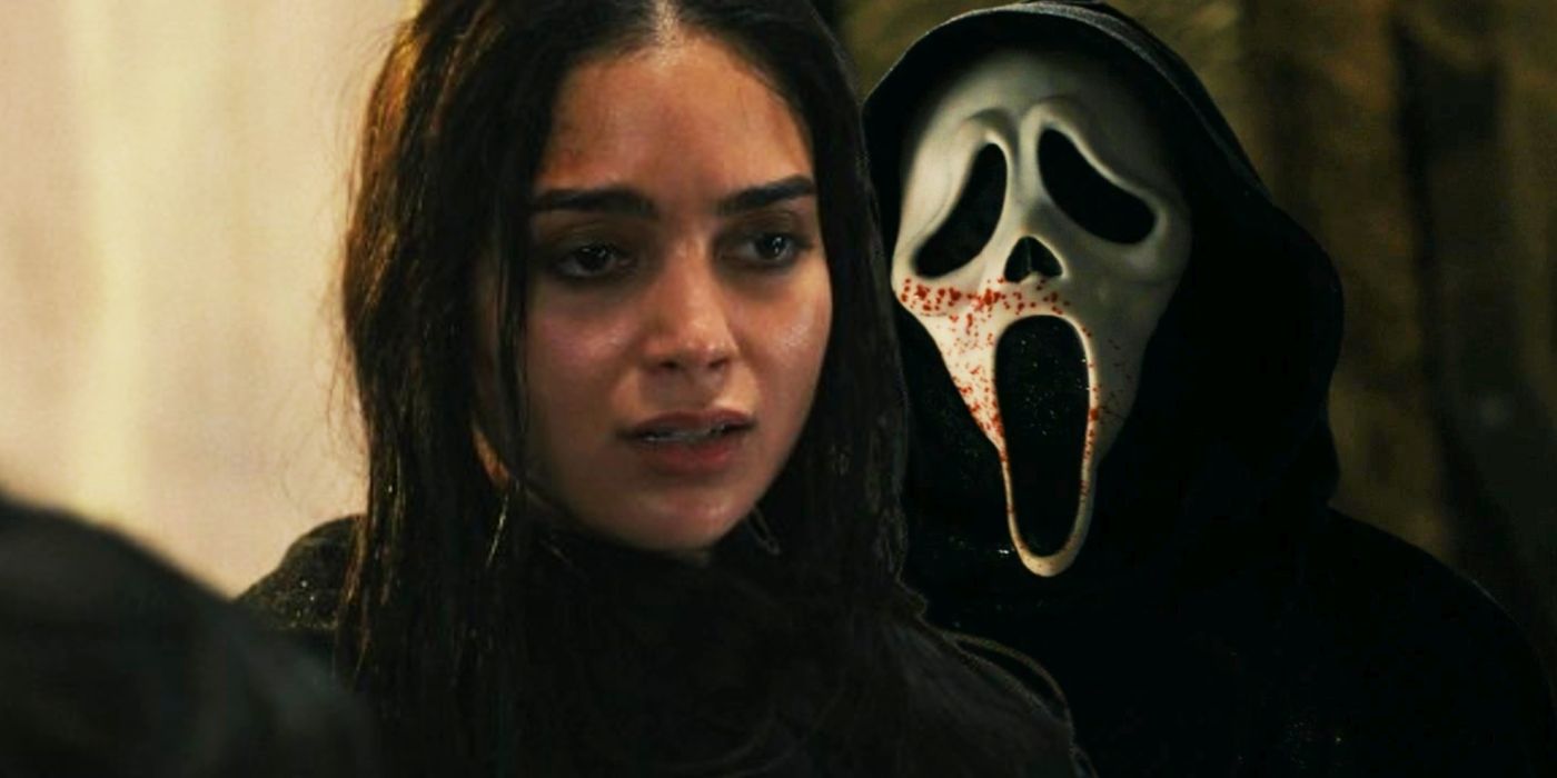 Melissa Barrera jako Sam zestawiona z Ghostface w Krzyku 6