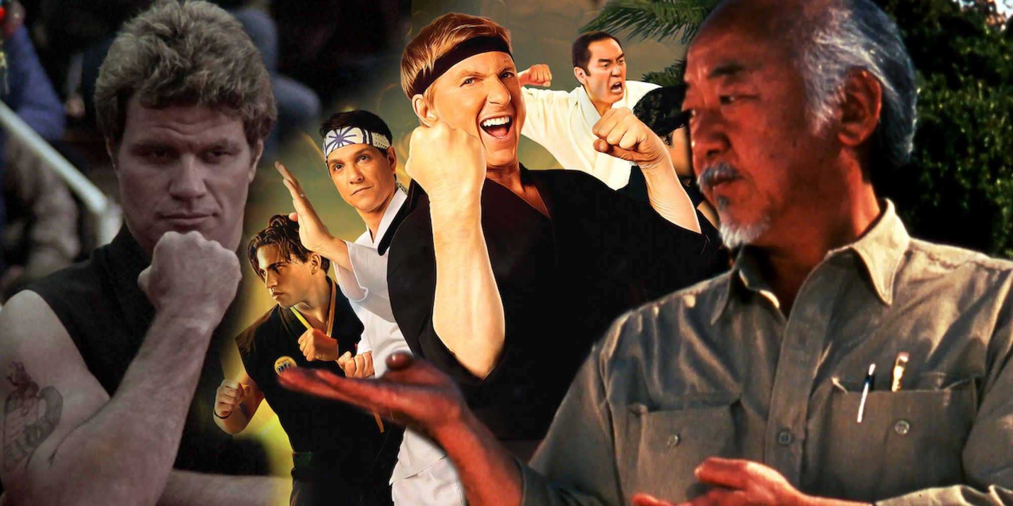Połączone zdjęcie przedstawia Kreese w Karate Kid, członków obsady Cobra Kai i Miyagi w Karate Kid