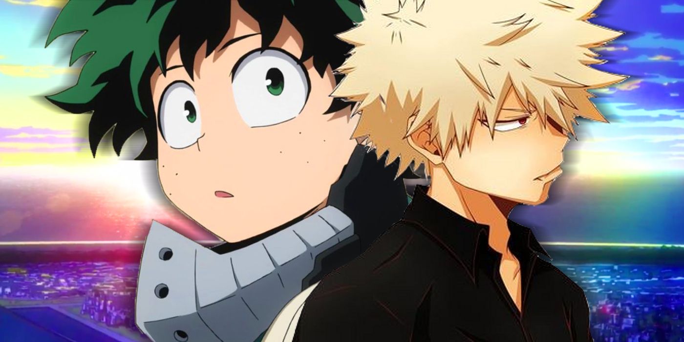 Kolaż Deku i Bakugou na tle zachodzącego słońca nieba