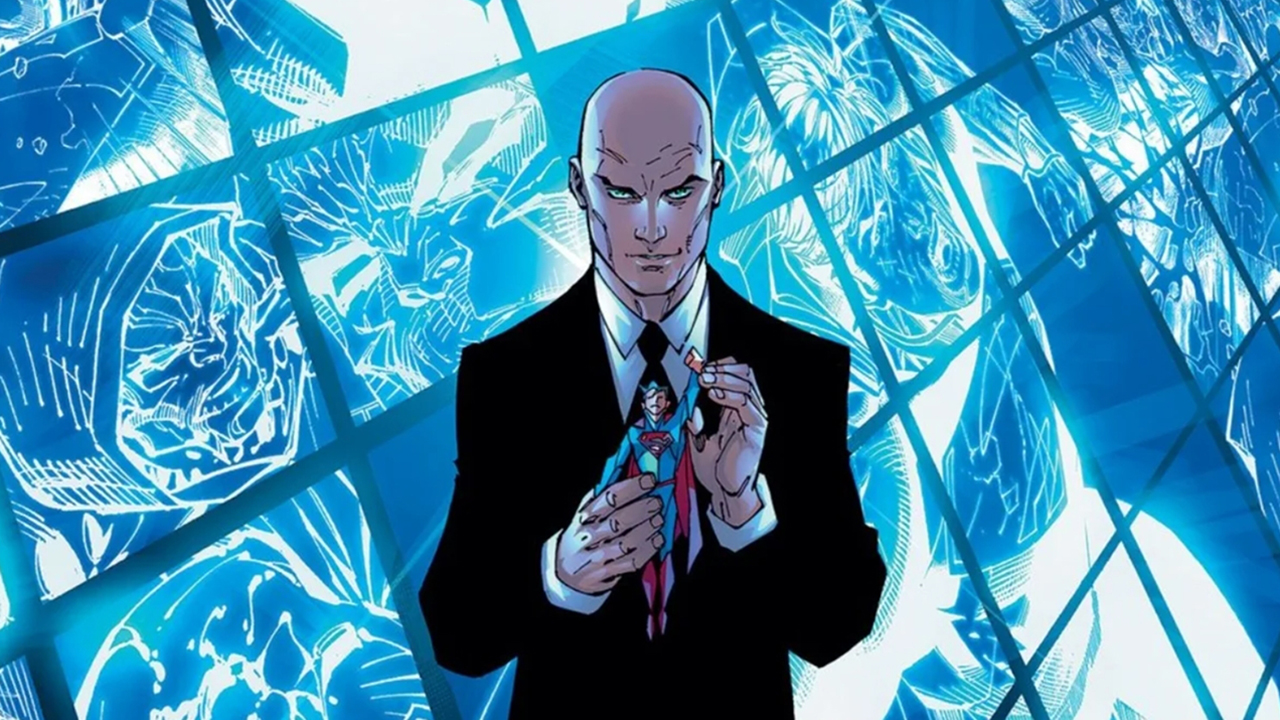 Komiks Lex Luthor.  Groźny odważny mężczyzna w czarnym garniturze.  Trzyma w rękach figurkę Supermana.