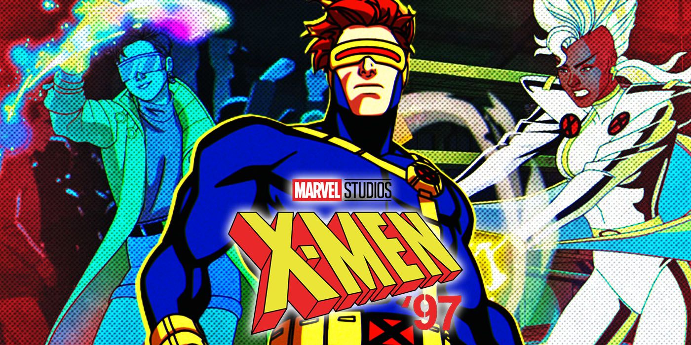 Cyclops stoi z tyłu logo X-Men 97, a Jubilee i Storm po obu stronach