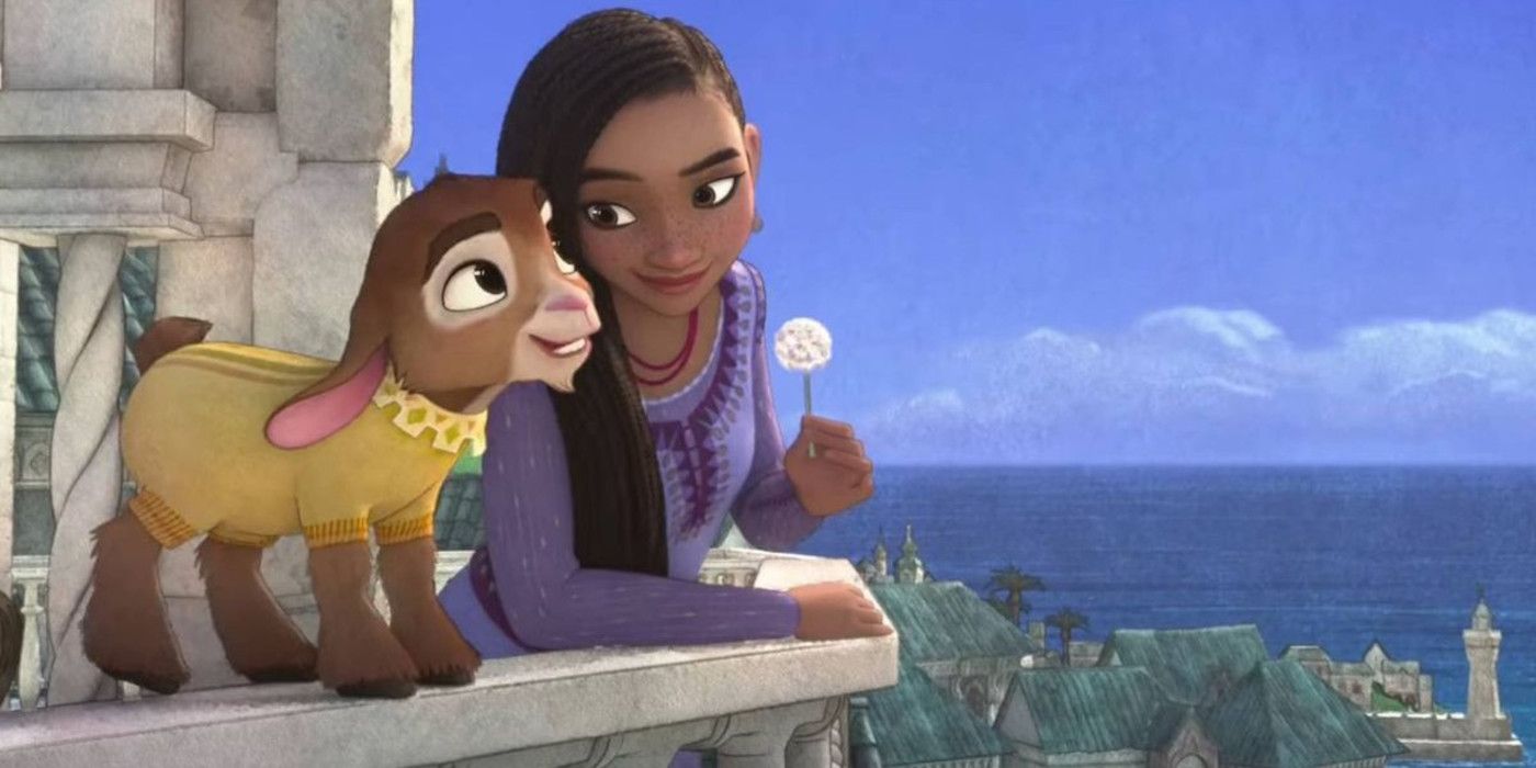 Asha i koza Valentino opierają się o balkon w filmie Disney's Wish