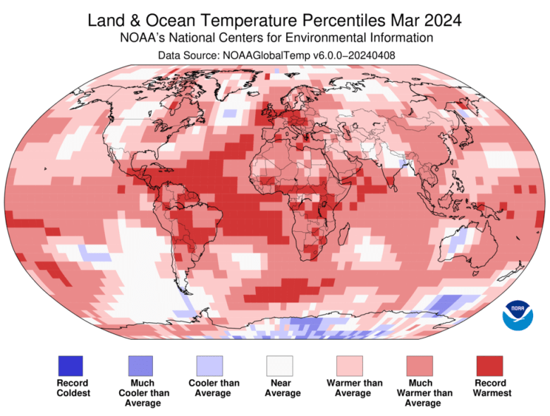 mapa świata sporządzona przez Krajowe Centra Informacji o Środowisku NOAA pokazująca ponadprzeciętne temperatury w większości miejsc 