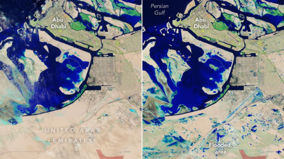 Zdjęcia satelitarne przedstawiają Abu Zabi przed (po lewej) i po (po prawej) historycznej powodzi.  - NASA