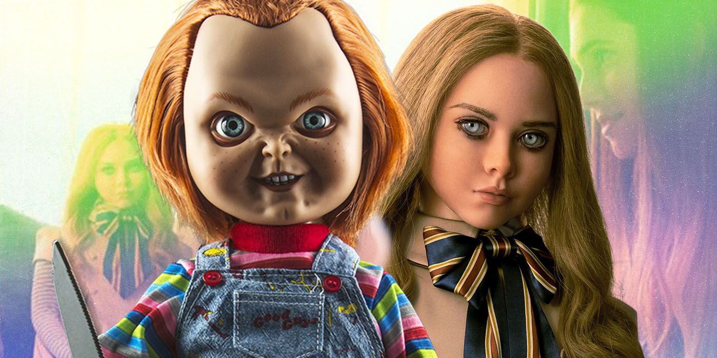 Lalki z horroru Chucky i M3GAN nałożone na kadr z filmu M3GAN