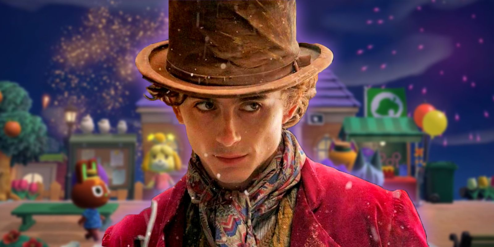 Timothee Chalamet jako Willy Wonka przed uroczystością w Animal Crossing: New Horizons.