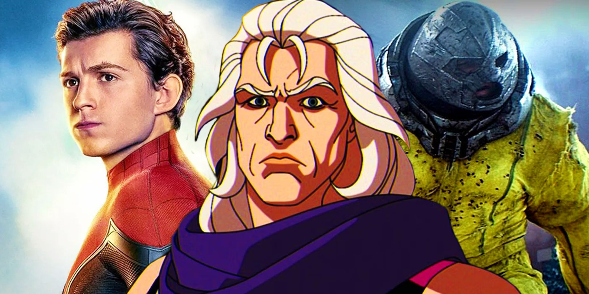 Rażące Magneto widziane w X-Men '97 (2024) pomiędzy Tomem Hollandem w roli Spider-Mana na plakacie Far From Home (2019) i Juggernaut z Deadpool 2 (2018)