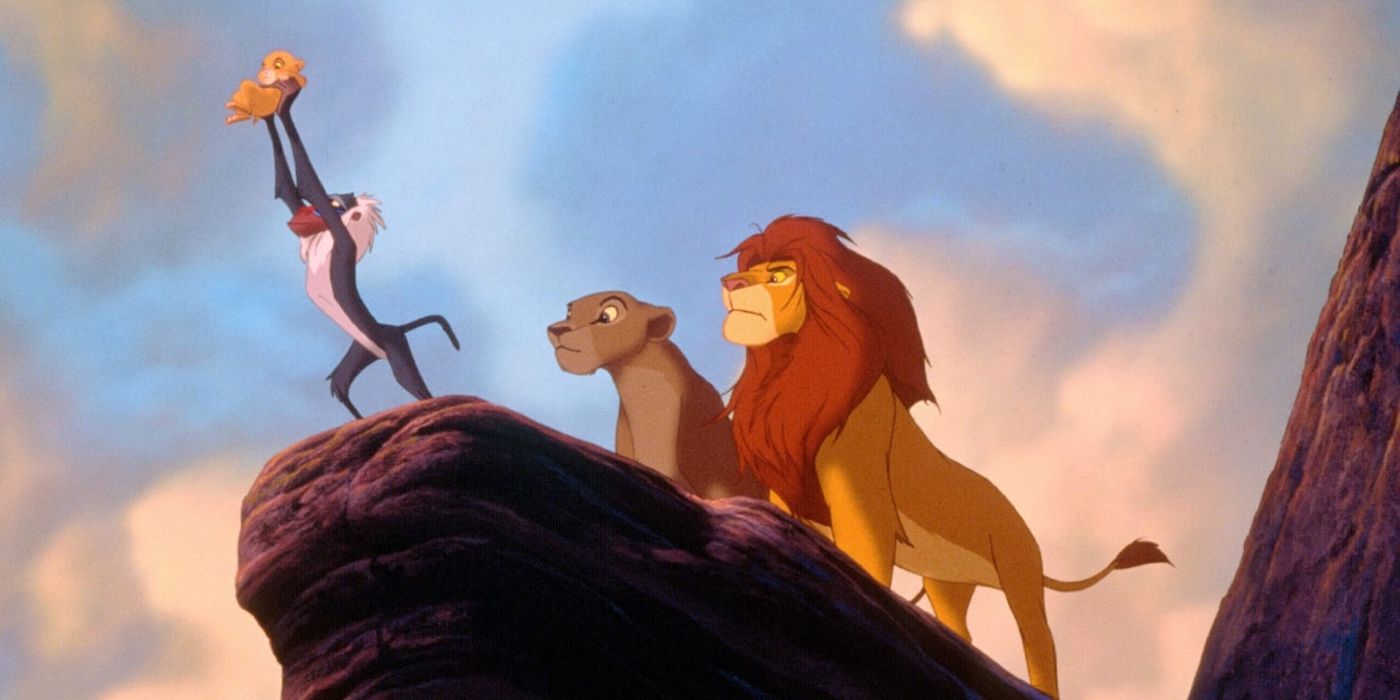   Matthew Broderick jako Simba, Moira Kelly jako Nala i Robert Guillaume jako Rafiki prezentują nowego lwiątko Kiarę w Królu Lwie