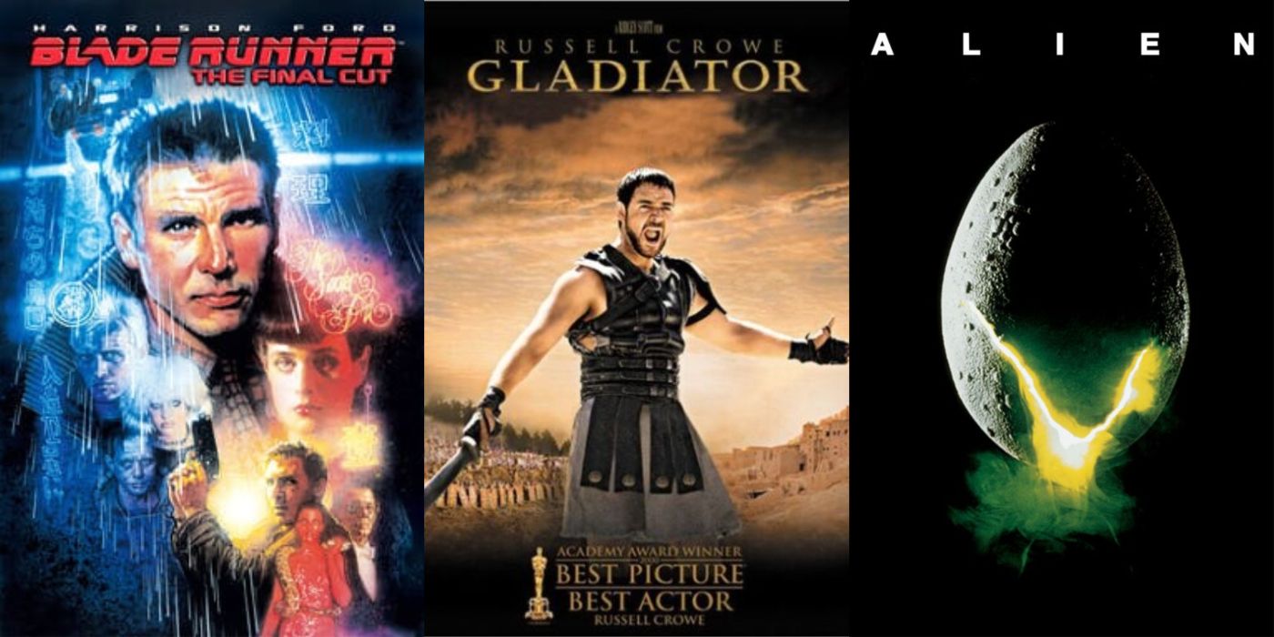 Plakaty filmowe dla B;ade Runner, Gladiator i Alien.