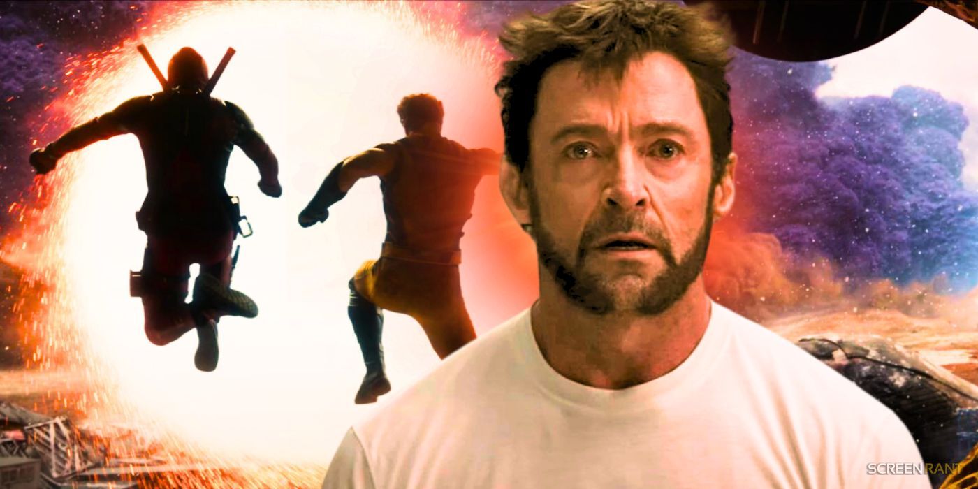 Deadpool i Wolverine skaczący przez portal oraz Logan grany przez Hugh Jackmana patrzący z niedowierzaniem na zwiastun Deadpool i Wolverine