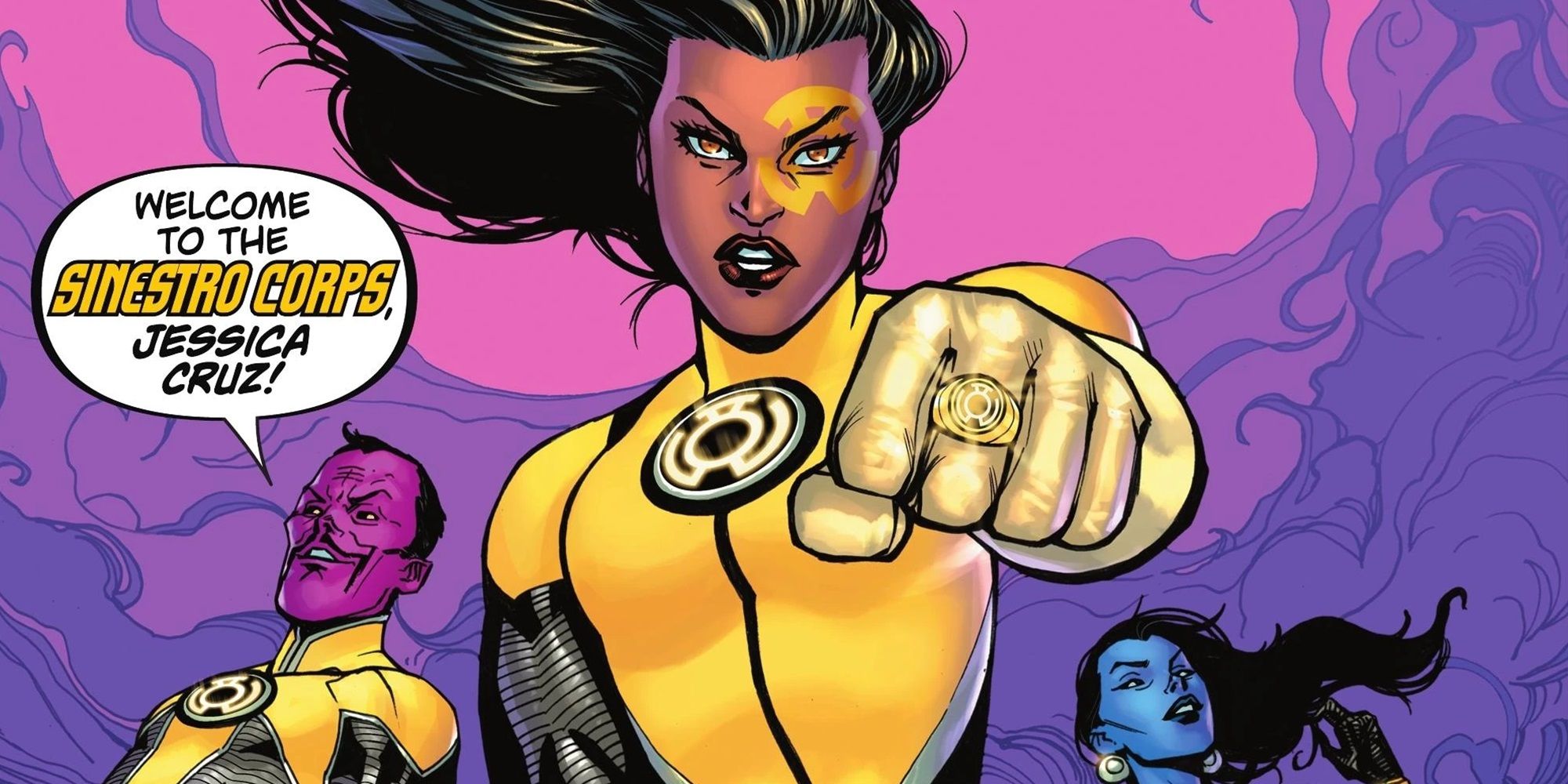 Jessica Cruz dzierży pierścień Żółtej Latarni, podczas gdy Sinestro i Lyssa Drak przyglądają się temu w tle