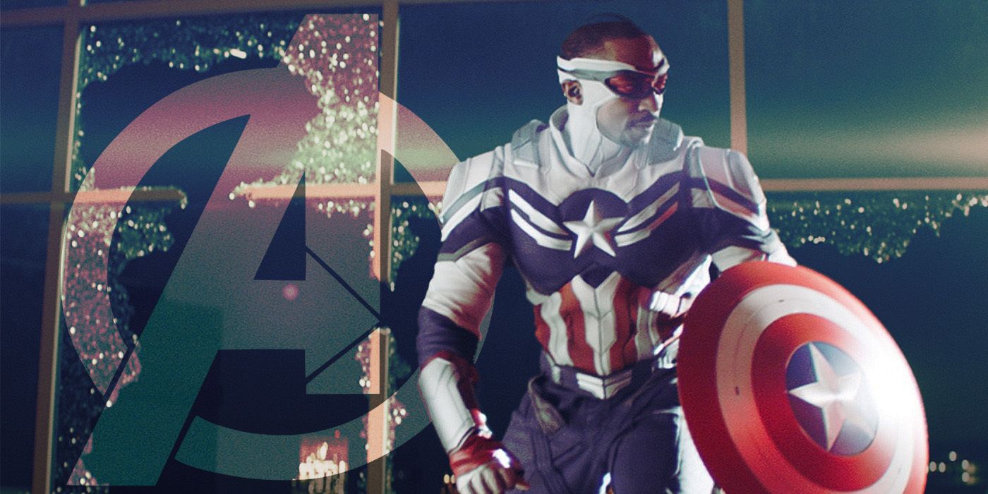 Anthony Mackie jako Kapitan Ameryka stojący obok logo Avengers
