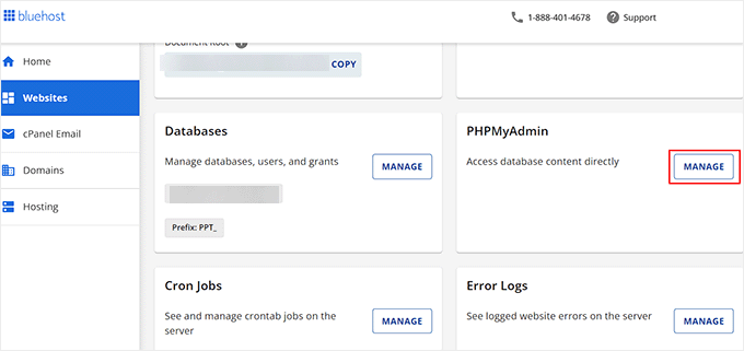 Kliknij przycisk Zarządzaj obok sekcji PHPMyAdmin