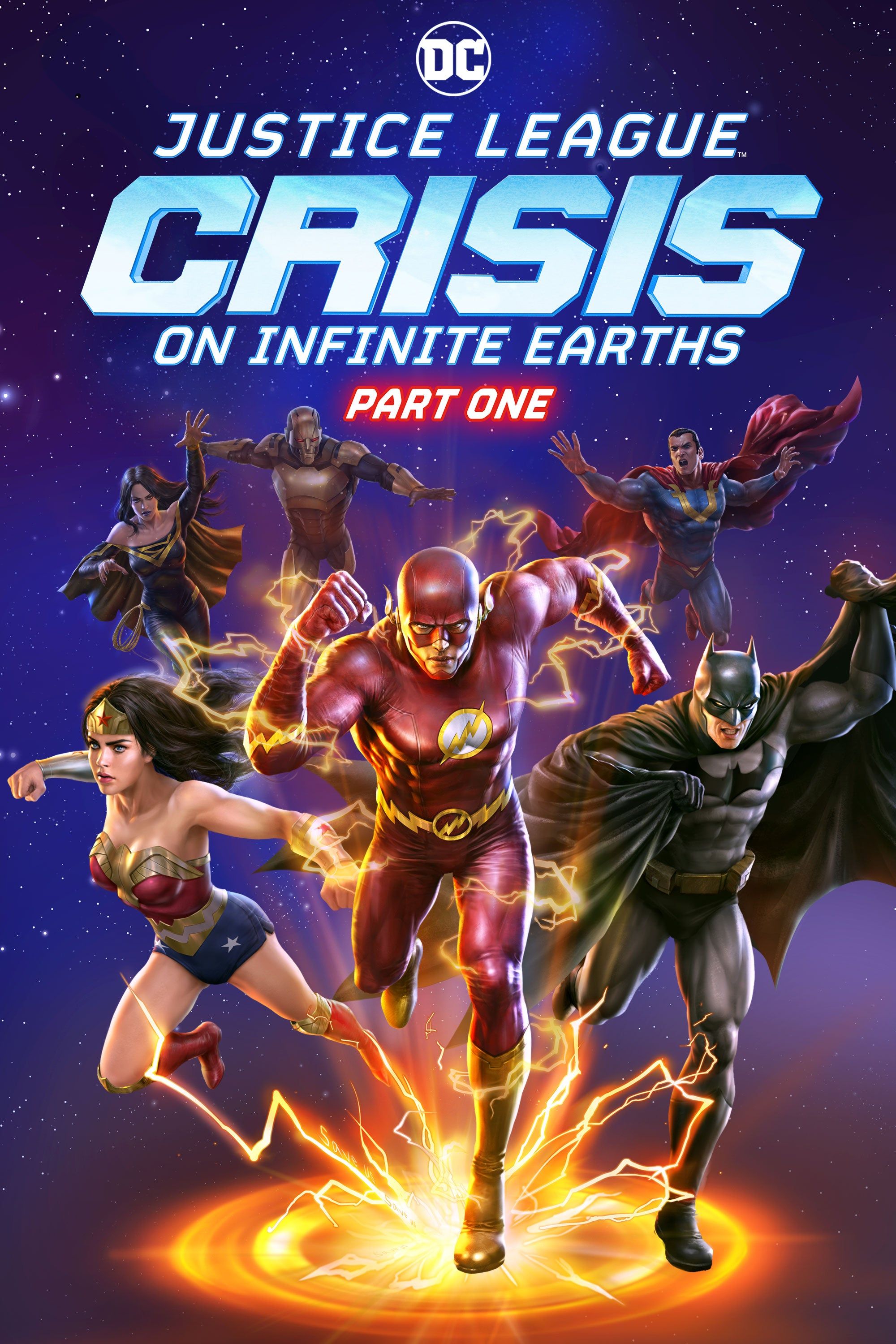 Wonder Woman, Flash, Batman, Superman, Supergirl/Harbinger i Amazo na plakacie Ligi Sprawiedliwości – Kryzys na Nieskończonych Ziemiach, część pierwsza