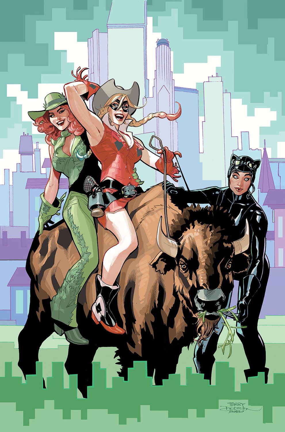Poison Ivy, Harley Quinn i Kobieta-Kot wygłupiają się, jeżdżąc na żubrze na okładce Gotham City Sirens #1.