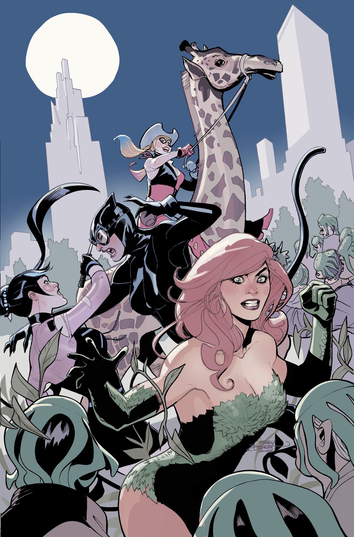 Harley Quinn, Kobieta-Kot i Poison Ivy jeżdżą na żyrafie, walczą z Punchline i rywalizują z hordą ludzi z ośmiornicami na głowach (odpowiednio) na okładce Gotham City Sirens # 4.