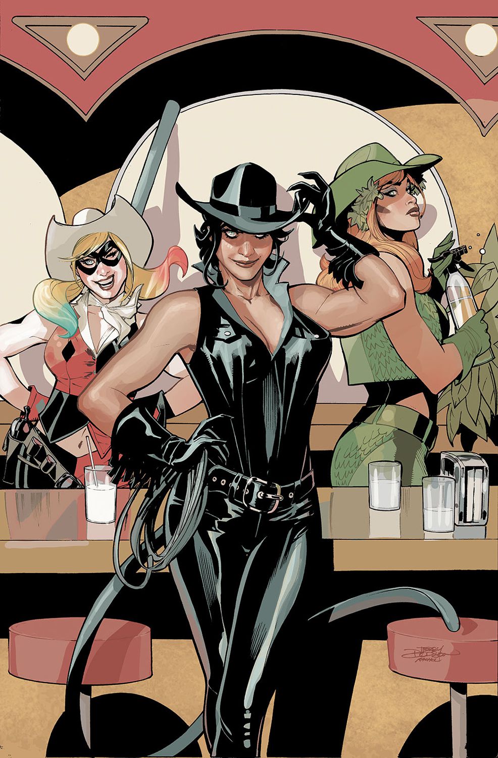 Harley Quinn, Kobieta-Kot i Poison Ivy pozują w kowbojskich kapeluszach i zachodnich strojach przy barze na okładce Gotham City Sirens #3.