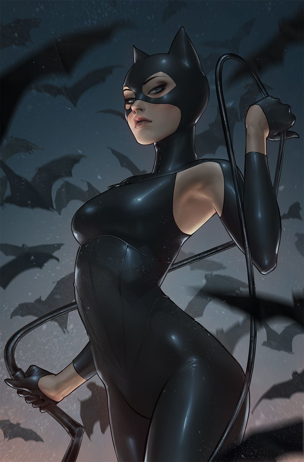 Kobieta-Kot pozuje z batem, wokół niej rój nietoperzy na wariantowej okładce Gotham City Sirens.
