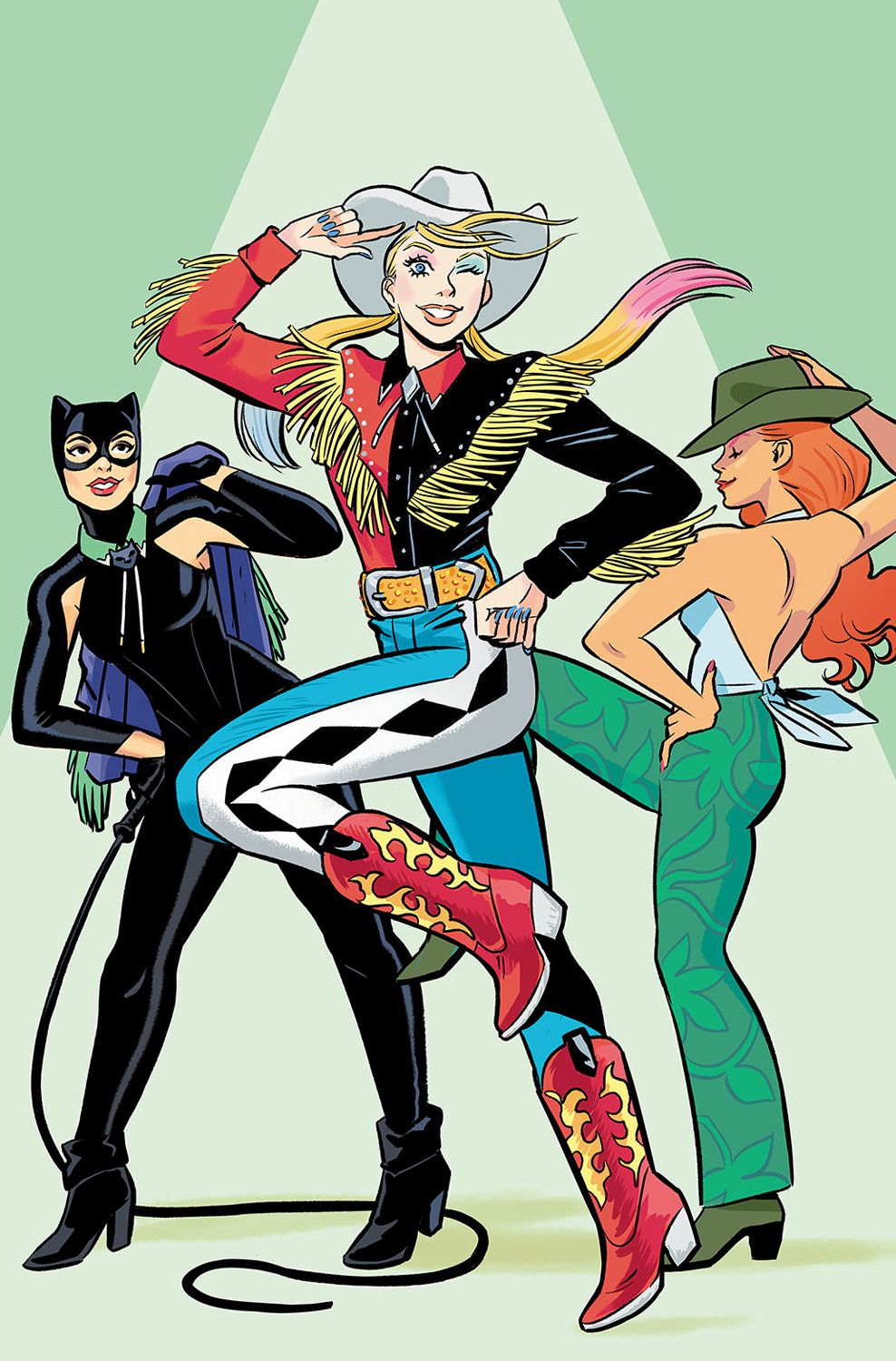 Kobieta-Kot, Harley Quinn i Poison Ivy przyjmują głupie pozy w skórzanych kurtkach z frędzlami, kowbojskich butach i innych zachodnich strojach na wariantowej okładce Gotham City Sirens #3.