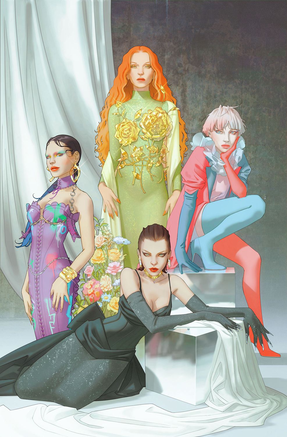 Punchline, Poison Ivy, Harley Quin i Catwoman pozują w odpowiednich tematycznie ubraniach na okładce Gotham City Sirens.