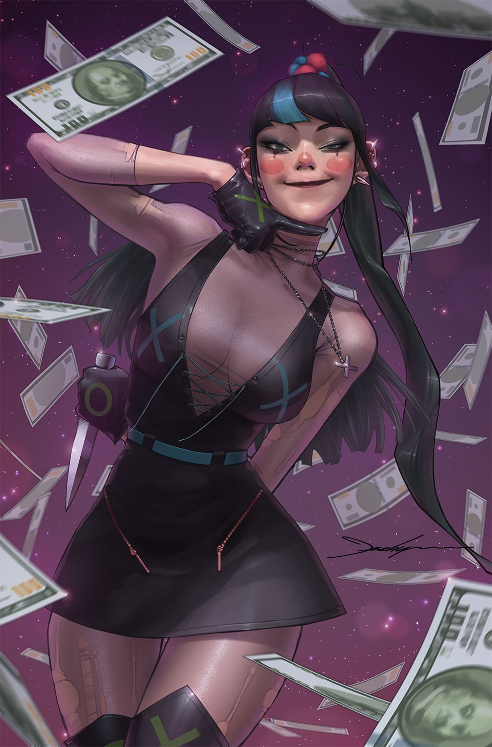 Punchline przyjmuje pozę, gdy wokół niej spada deszcz studolarowych banknotów na wariantowej okładce Gotham City Sirens.