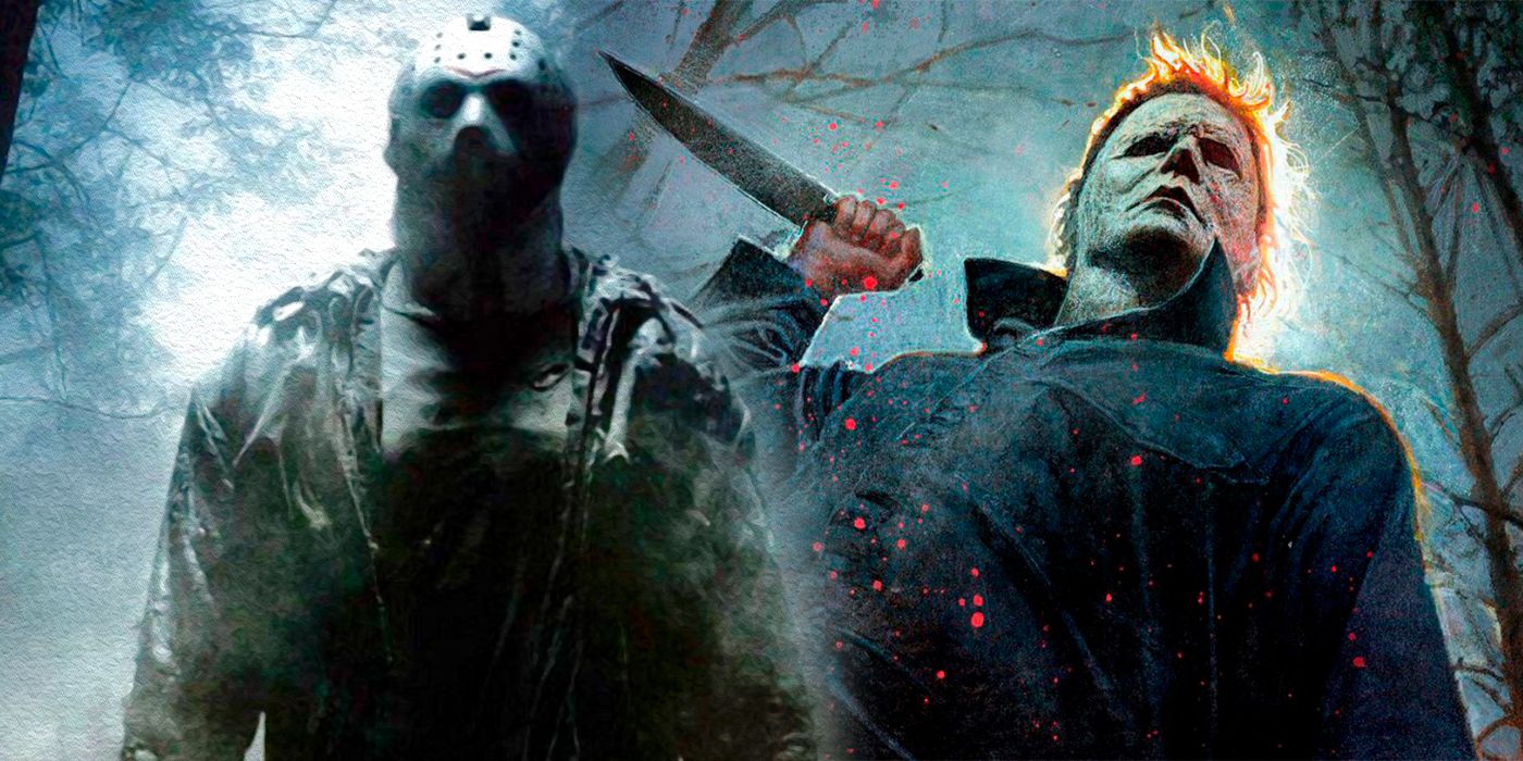 Michael Myers trzymający nóż obok wizerunku Jasona Voorheesa