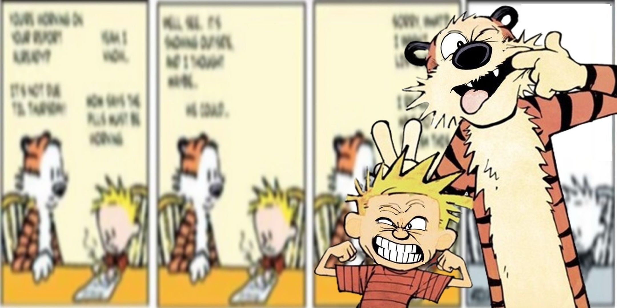 Calvin i Hobbes umieszczony nad fałszywym komiksem Calvin i Hobbes
