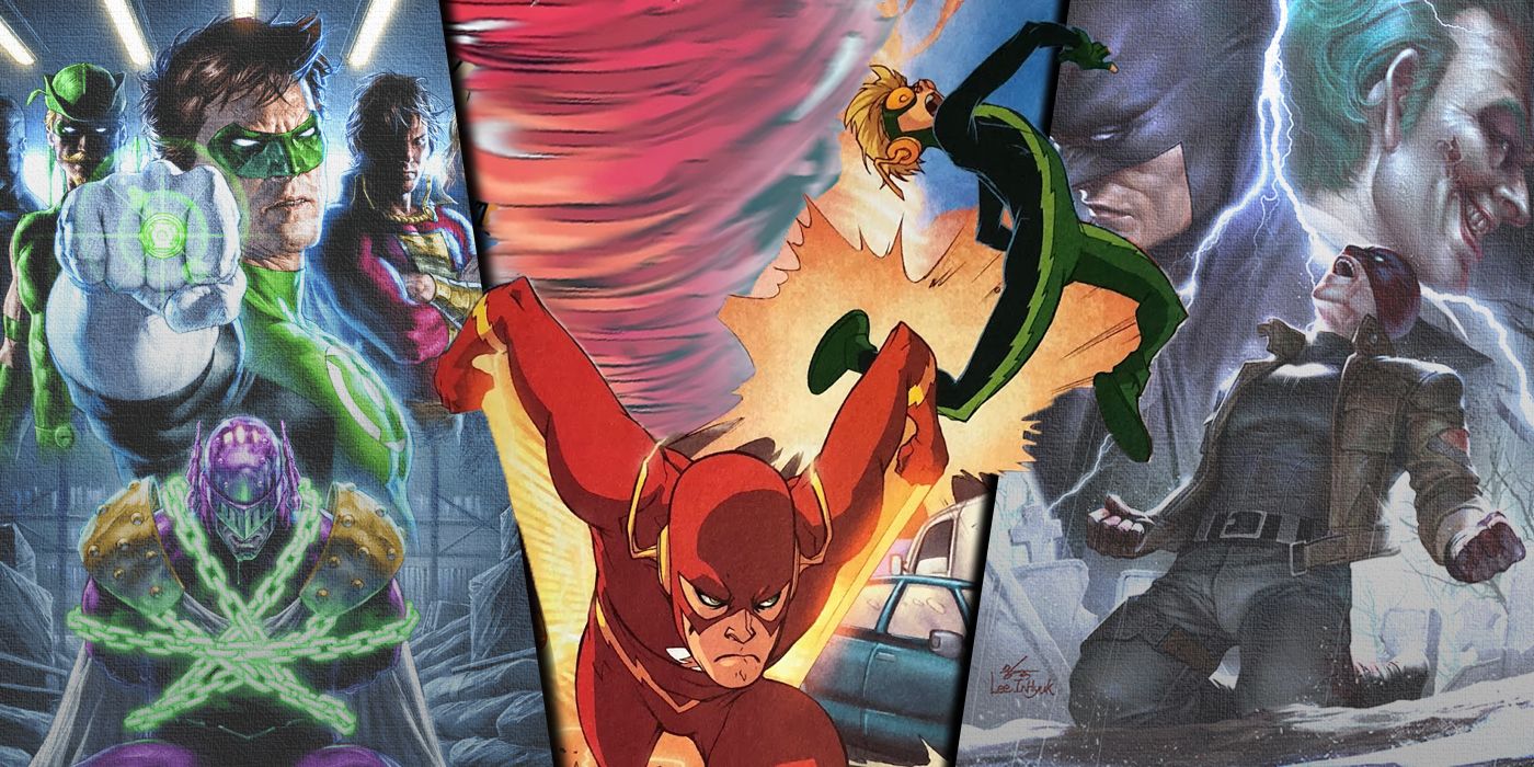Podzielony obraz Ligi Sprawiedliwości: Cry for Jstice, Flasha walczącego z Inercją i Batmana: Under the Hood.