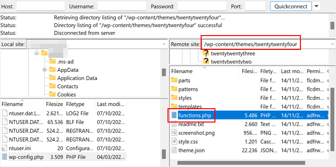 Lokalizowanie plikufunction.php na serwerze FTP